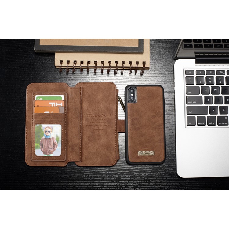 CASEME 2-in-1 Split Leder Multi-Slot Geldbörse Mobile Cover für iPhone X 5.8 Zoll-Braun-2