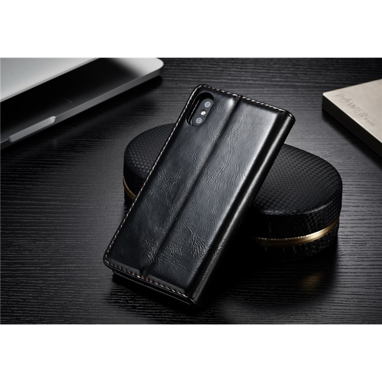 CASEME Öl Wachs Leder Brieftasche Stand Case für iPhone X - Schwarz-3