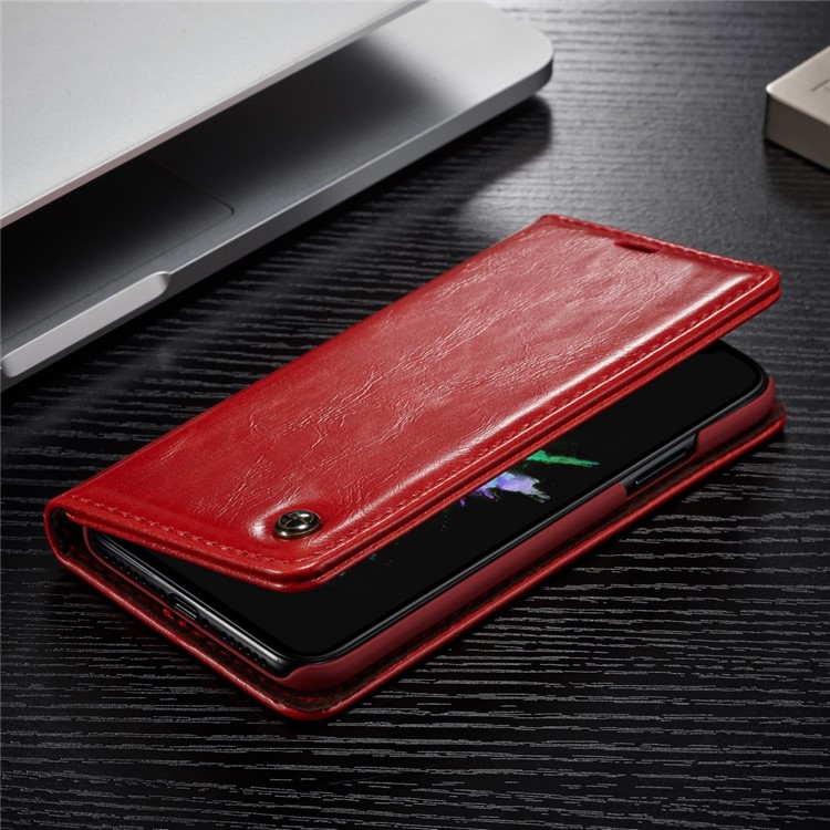 CASEME Carteira de couro de cera de óleo com suporte para iPhone X - vermelho-1