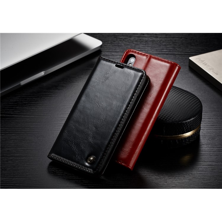 CASEME Carteira de couro de cera de óleo com suporte para iPhone X - vermelho-4