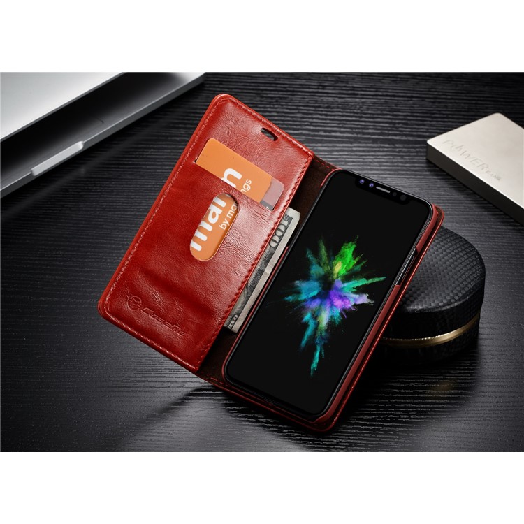 CASEME Carteira de couro de cera de óleo com suporte para iPhone X - vermelho-6
