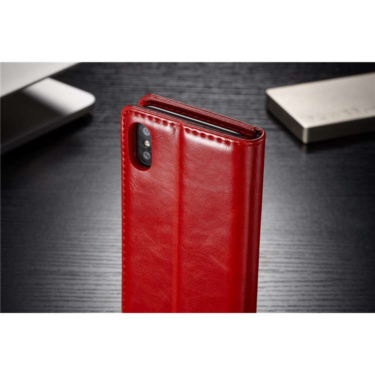 CASEME Carteira de couro de cera de óleo com suporte para iPhone X - vermelho-7