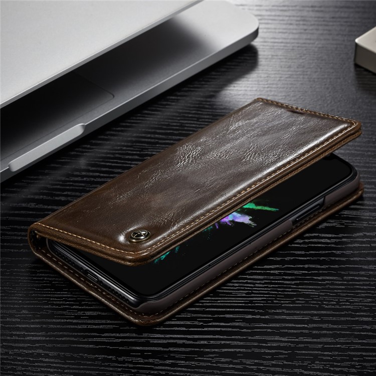 CASEME Caixa de telefone móvel de couro de cera de óleo com slots de cartão para iPhone X - Castanho-1