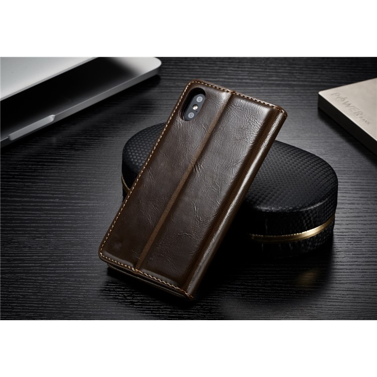 CASEME Caixa de telefone móvel de couro de cera de óleo com slots de cartão para iPhone X - Castanho-3