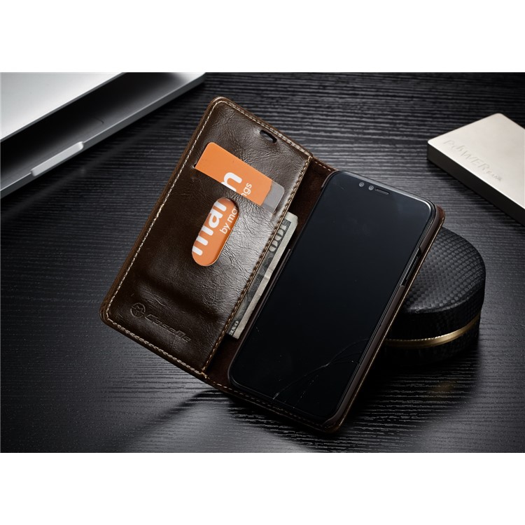 CASEME Caixa de telefone móvel de couro de cera de óleo com slots de cartão para iPhone X - Castanho-4