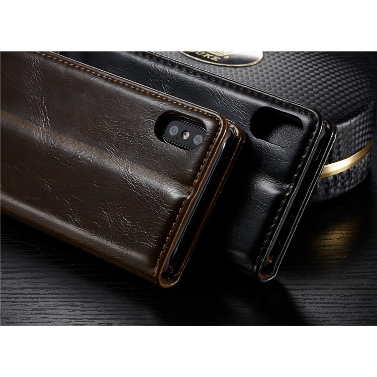 CASEME Caixa de telefone móvel de couro de cera de óleo com slots de cartão para iPhone X - Castanho-6