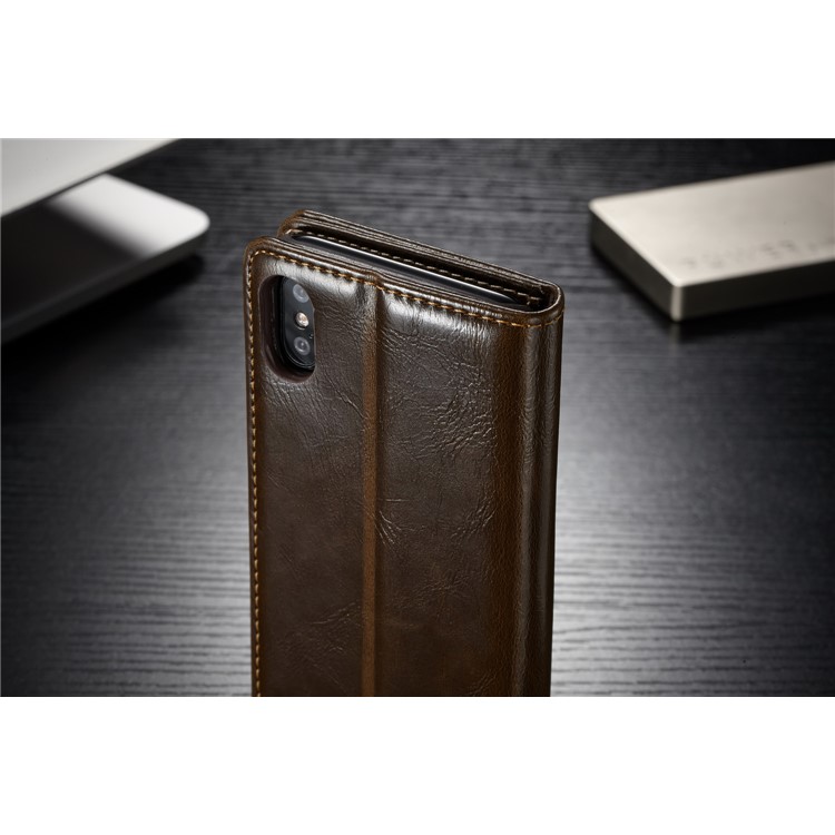 CASEME Caixa de telefone móvel de couro de cera de óleo com slots de cartão para iPhone X - Castanho-7