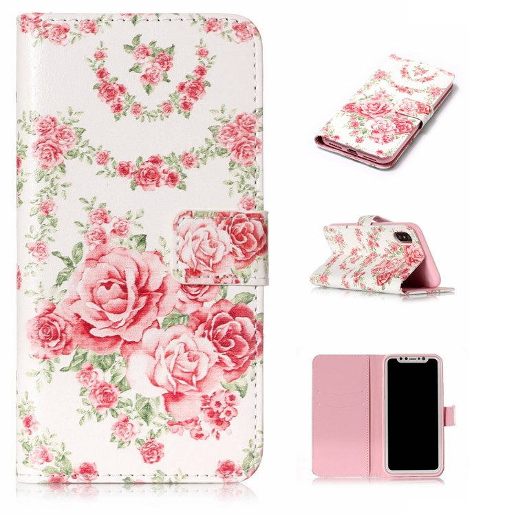 

Embossing Pattern Leather Wallet Stand Cover for iPhone X 5.8 inch - Blooming Peonies