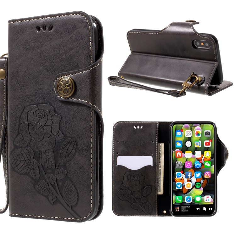 

Vintage Style Rose Pattern Wallet Leather Stand Mobile Phone Case for iPhone X/XS 5.8 inch - Black