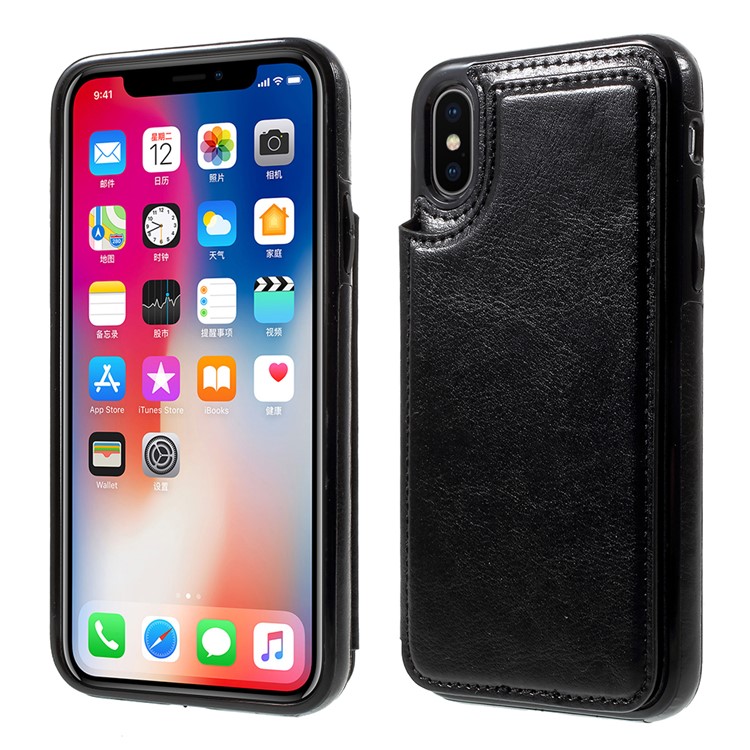 

PU Leather Coated TPU Kickstand Mobile Case with Card Slots for iPhone XS / X 5.8 inch - Black