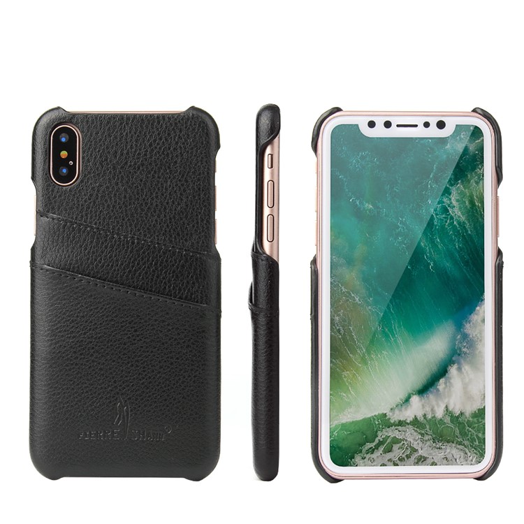 FIERRE SHANN Split Leather Coated PC Back Cover with Card Holder for iPhone 8 - Black-1