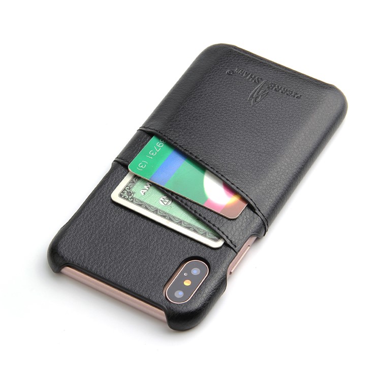 FIERRE SHANN Split Leather Coated PC Back Cover with Card Holder for iPhone 8 - Black-3