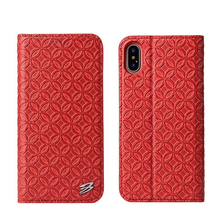 FIERRE SHANN Chinese Coin Texture Genuine Leather Card Slot Stand Case for iPhone 8 - Red-1