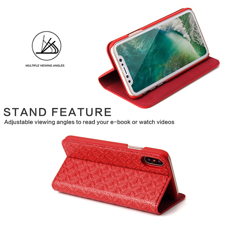 FIERRE SHANN Chinese Coin Texture Genuine Leather Card Slot Stand Case for iPhone 8 - Red-3
