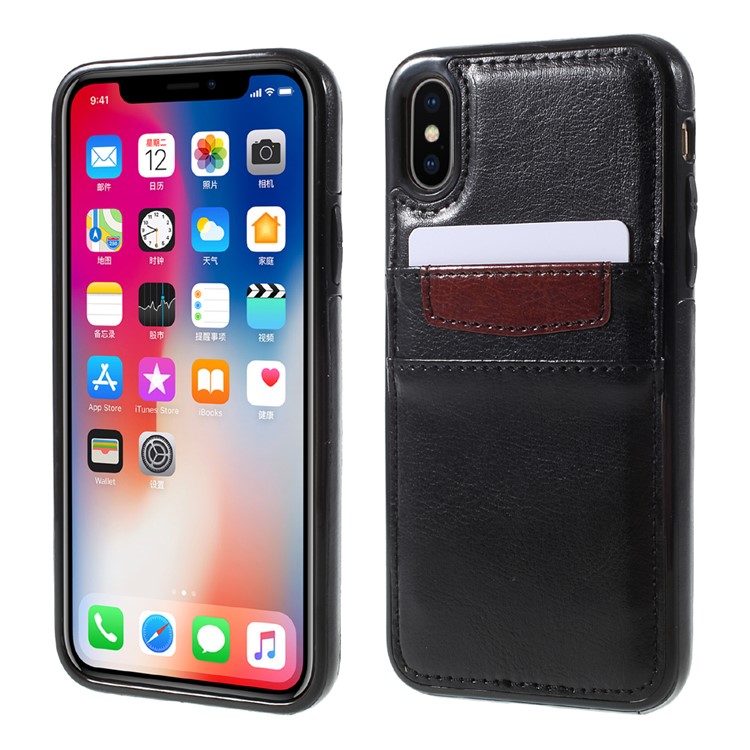 

Double Card Slots PU Leather Coated TPU Case for iPhone XS / X 5.8 inch - Black, iPhone Xs