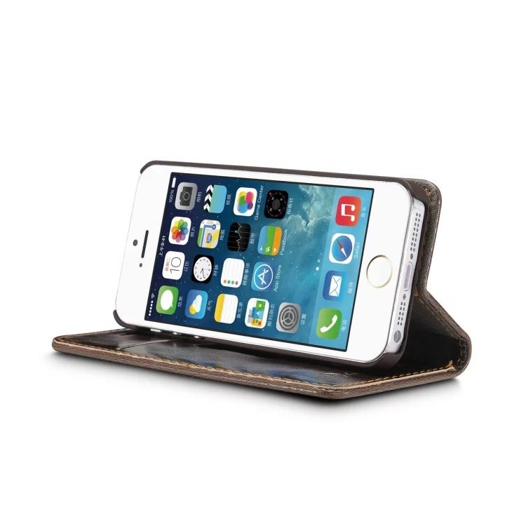 CASEME Öl Wachs Leder Stand Telefon Abdeckung für iPhone SE 5s 5 - Braun-5