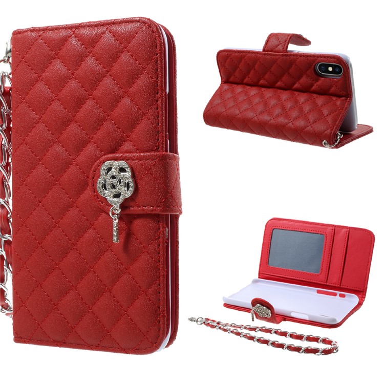 Rhombus Pattern Leather Wallet Stand Phone Case with Wrist Strap for iPhone X - Red-1