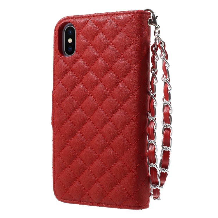 Rhombus Pattern Leather Wallet Stand Phone Case with Wrist Strap for iPhone X - Red-2