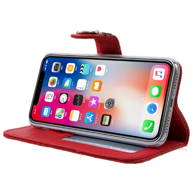 Rhombus Pattern Leather Wallet Stand Phone Case with Wrist Strap for iPhone X - Red-4