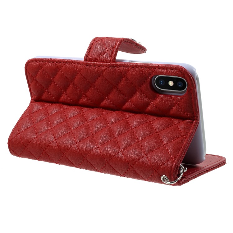 Rhombus Pattern Leather Wallet Stand Phone Case with Wrist Strap for iPhone X - Red-5