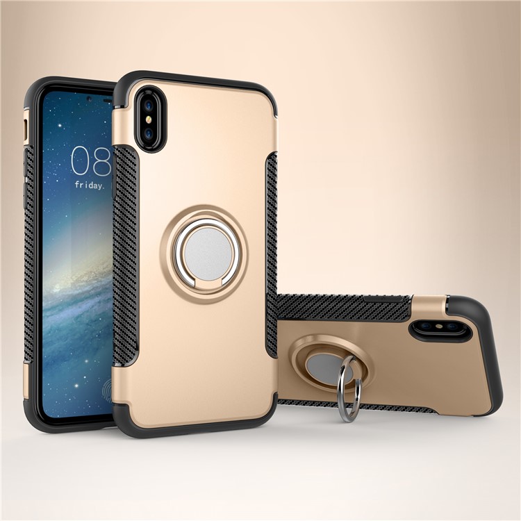 

Для iPhone х 5,8-дюймовый 2-в-1 углеродного волокна текстура ТПУ ПК Телефон чехол с магнитным кольцом держатель - золото