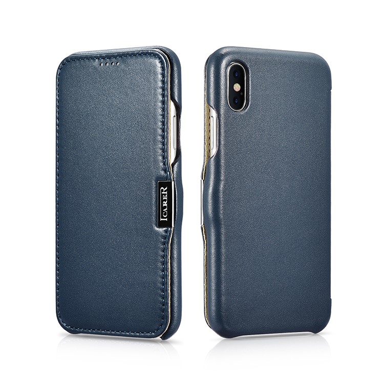 

ICARER Cowhide Genuine Leather Folio Protection Cover for iPhone X/10 5.8 inch - Dark Blue