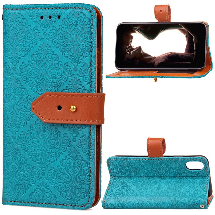 

Imprinted European-style Pattern Leather Wallet Stand Mobile Casing Cover for iPhone X 5.8 inch - Blue