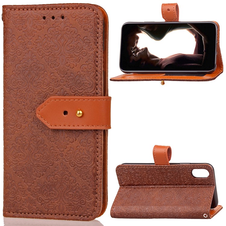 

Imprinted European-style Pattern Leather Wallet Stand Mobile Phone Shell for iPhone X 5.8 inch - Dark Brown