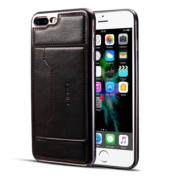 

Leather Coated Plated TPU Card Holder Phone Casing Cover with Kickstand for iPhone 8 Plus / 7 Plus 5.5 inch - Black