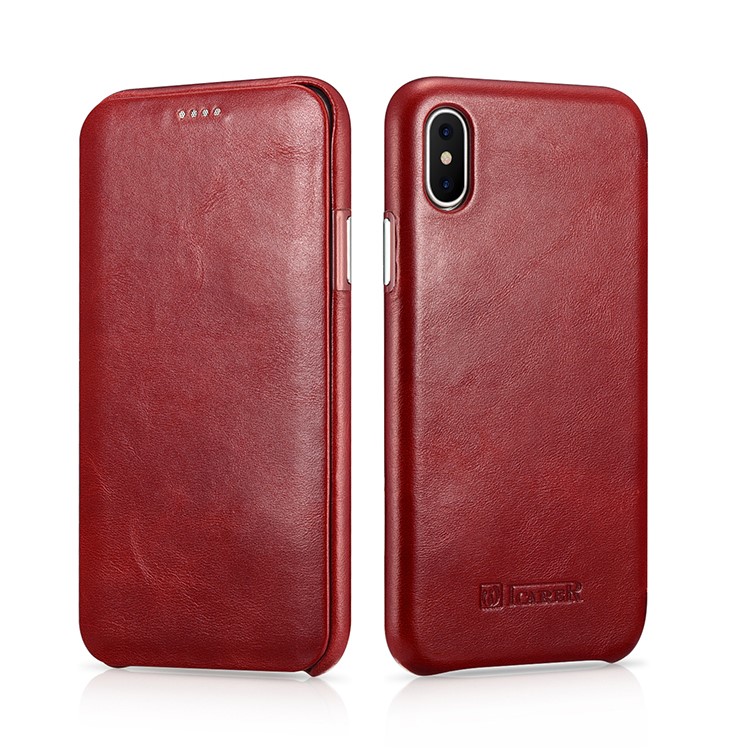 

ICARER Curved Edge Vintage Genuine Leather Flip Cover for iPhone X(Ten) 5.8 Inch - Red, iPhone X