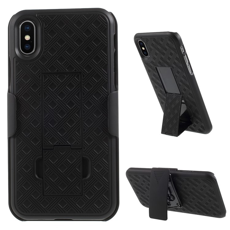 Grid Pattern Plastic Belt Clip Kickstand Holster Case Cover for iPhone X - Black-1