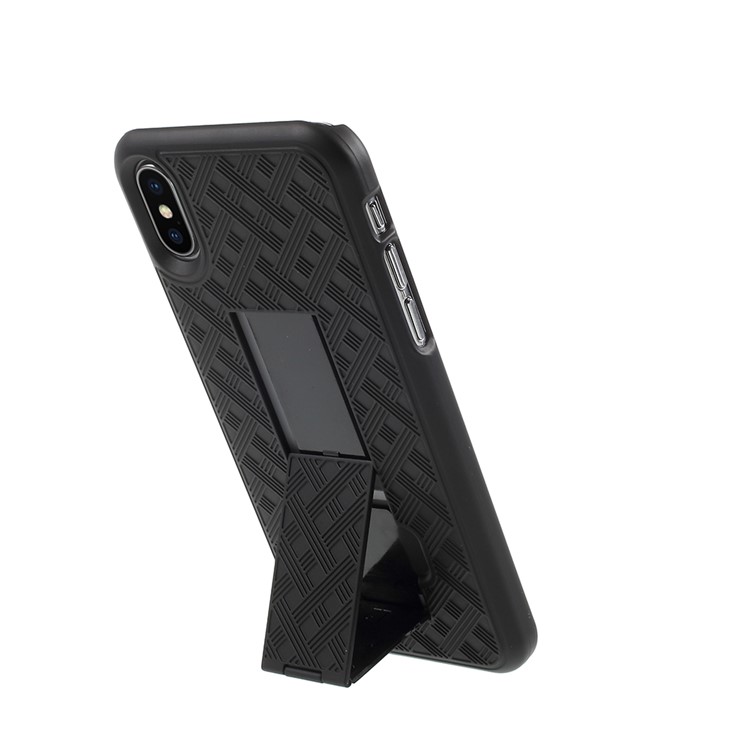 Grid Pattern Plastic Belt Clip Kickstand Holster Case Cover for iPhone X - Black-11
