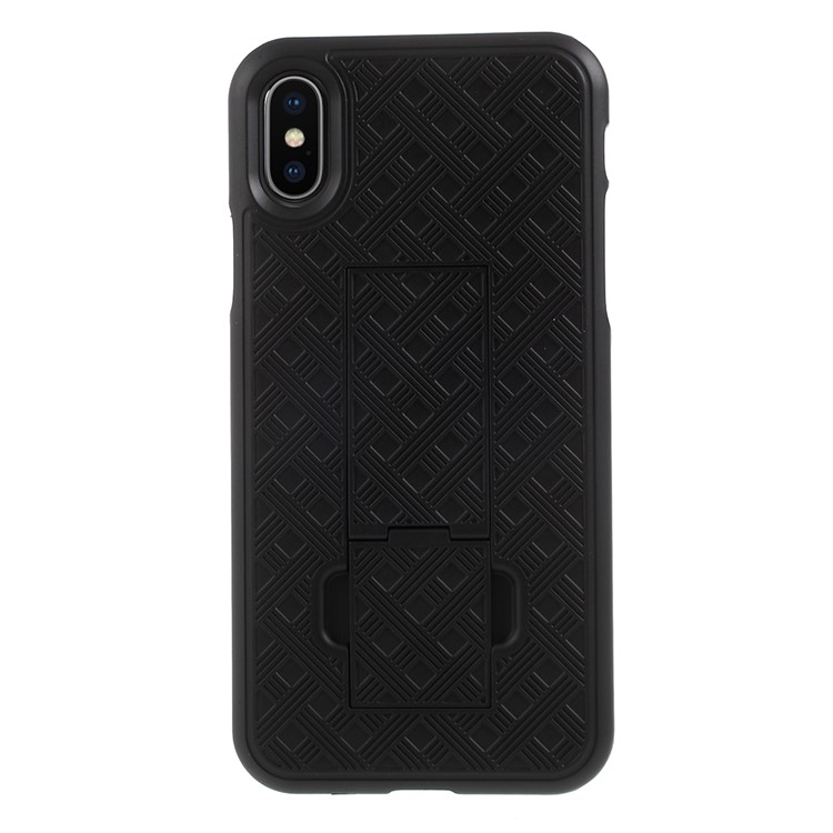 Grid Pattern Plastic Belt Clip Kickstand Holster Case Cover for iPhone X - Black-3