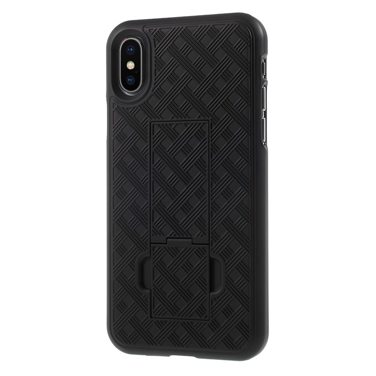 Grid Pattern Plastic Belt Clip Kickstand Holster Case Cover for iPhone X - Black-7