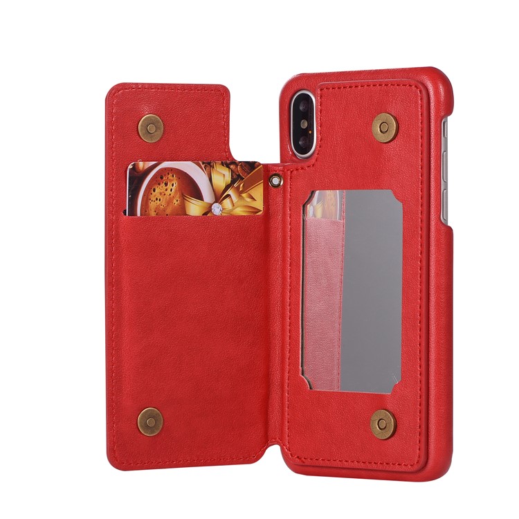 Genuine Leather Coated PC Hard Case with Card Holder and Mirror for iPhone X/10 5.8 inch - Red-4