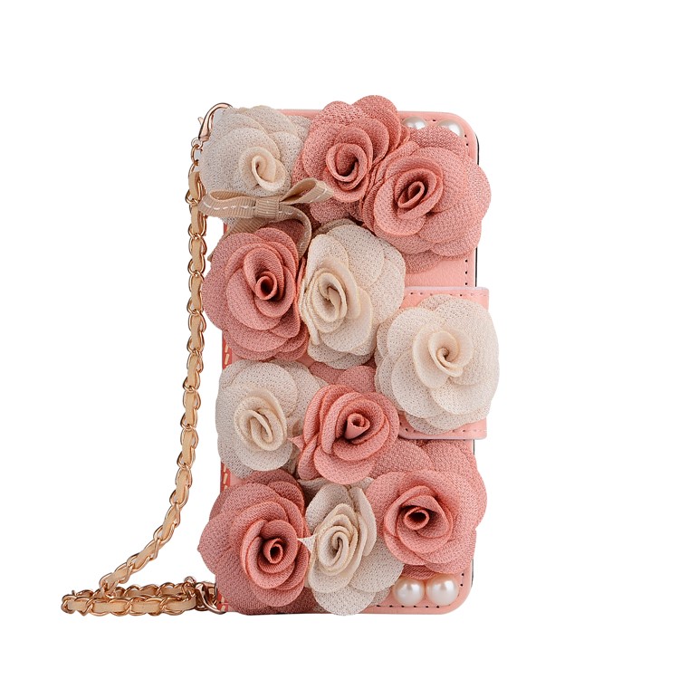 Creative 3D Roses Decor PU Leather Card Slots Phone Cover Case with Metal Chain for iPhone 8 Plus / 7 Plus 5.5 inch - Pink-1