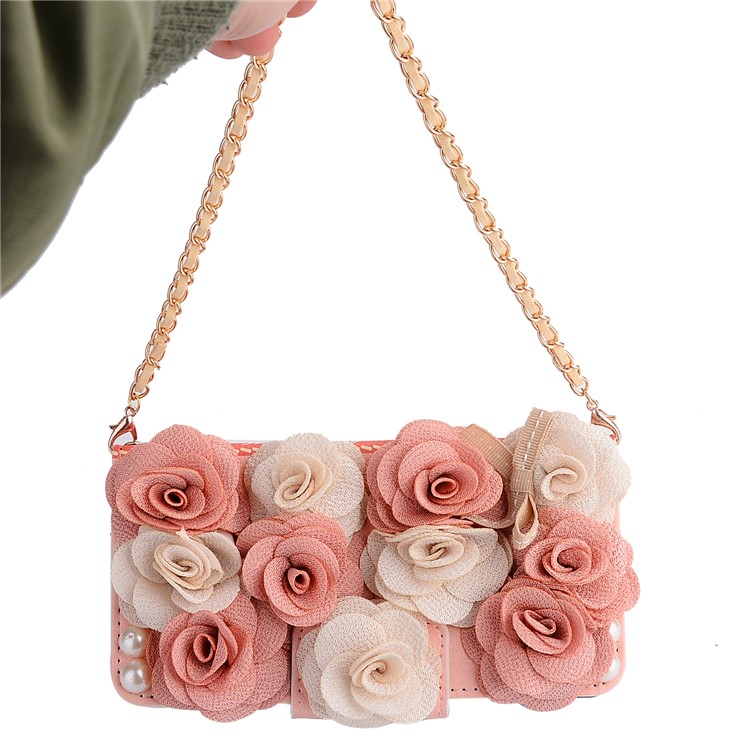 Creative 3D Roses Decor PU Leather Card Slots Phone Cover Case with Metal Chain for iPhone 8 Plus / 7 Plus 5.5 inch - Pink-7
