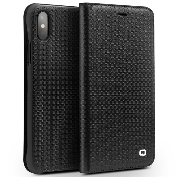 

QIALINO Grid Texture Auto-absorbed Cowhide Leather Flip Case with Card Slot for iPhone X / Xs 5.8 inch- Black