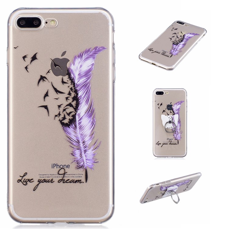 

Pattern Printing Embossed TPU Shell Case with Finger Grip Stand for iPhone 8 Plus / 7 Plus - Feather Pattern