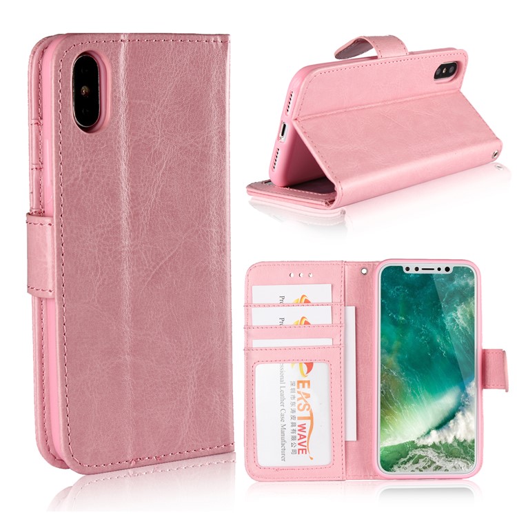 

Crazy Horse Magnetic Stand Wallet Leather Protective Casing Shell for iPhone X - Pink