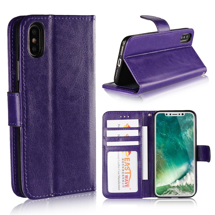 

Crazy Horse Magnetic Stand Wallet Leather Protective Phone Case for iPhone X - Purple