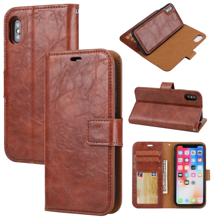 

Detachable 2-in-1 TPU Case + Crazy Horse Leather Wallet Cover for iPhone X/XS 5.8 (Ten) - Brown