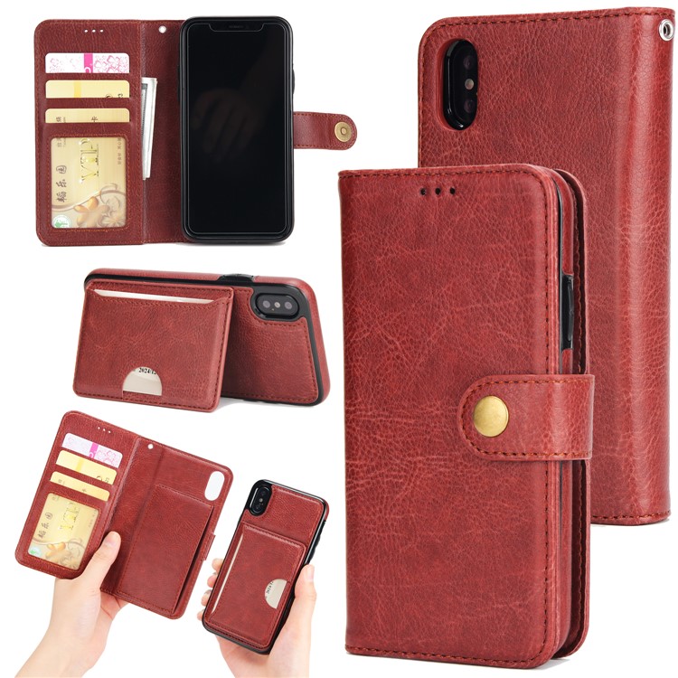 

Detachable 2-in-1 Card Holder TPU Cover Multi functional Leather Wallet Case for iPhone X/XS 5.8 (Ten) - Brown
