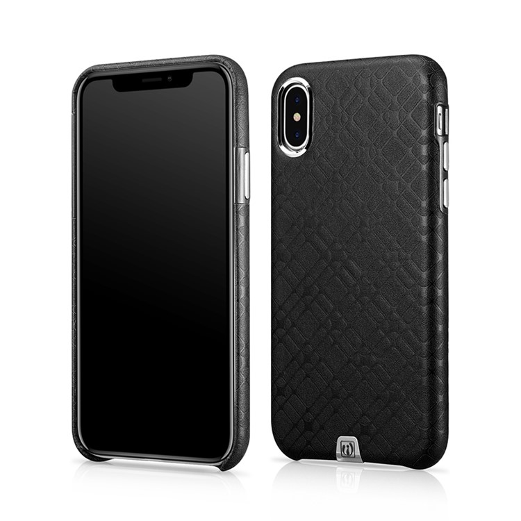 Icarer luxury back cover series for iphone x (ten) 5.8 inch grid pattern cowhide leather coated pc hard shell - black