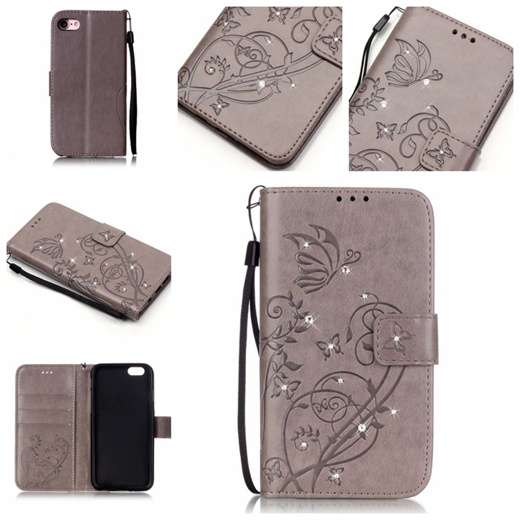 

Imprinted Flowers Rhinestone Leather Wallet Stand Mobile Cover for iPhone 8 /7 4.7 inch - Grey