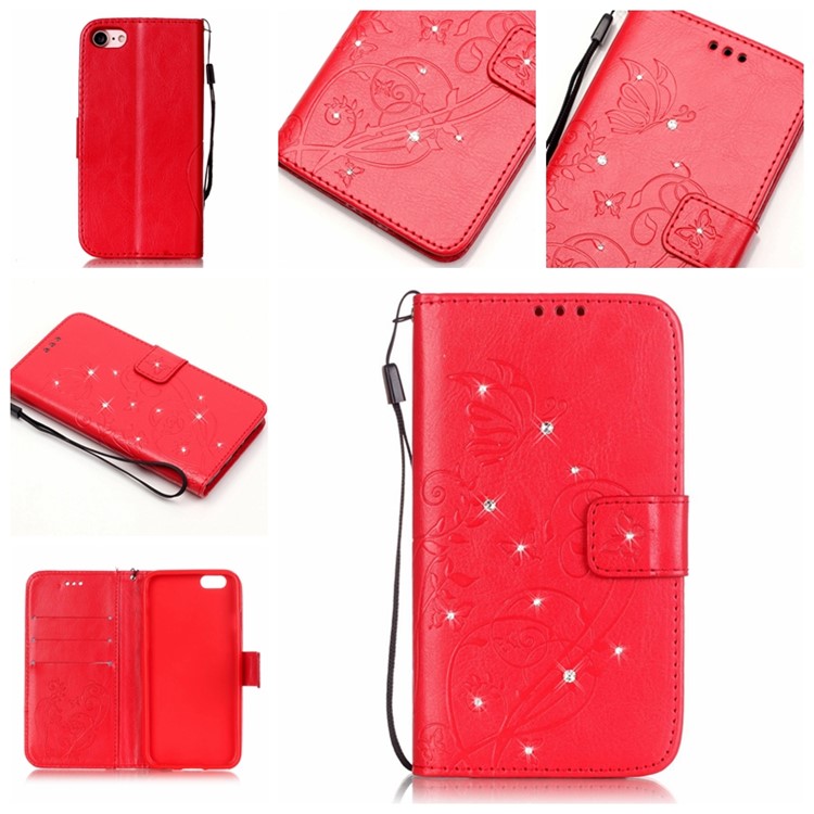 

Imprinted Flowers Rhinestone Leather Wallet Stand Phone Case Shell for iPhone 8 /7 4.7 inch - Red
