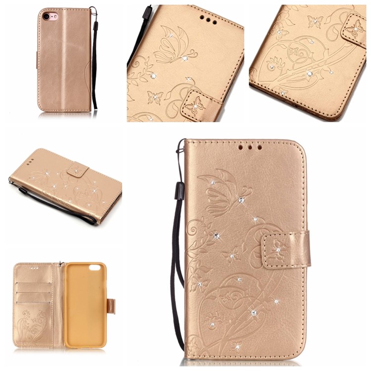 

For iPhone 8 /7 4.7 inch Imprinted Flowers Rhinestone Leather Wallet Stand Mobile Phone Case - Gold
