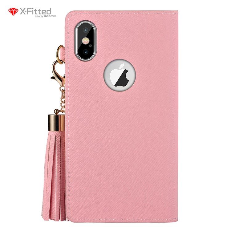 

X-приспособленный Для IPhone X/10 Фолио Кожаный Защитный Кисточкой Декор Корпуса Телефона С Держателем Карты - розовый