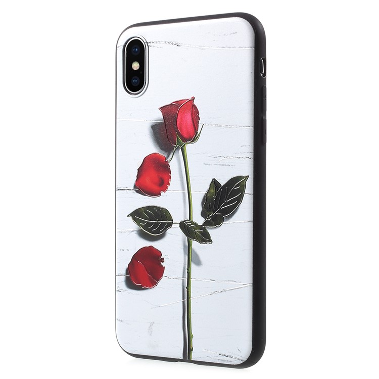 For iPhone X Embossed Pattern Flexible TPU Back Case - White Background and Rose-3