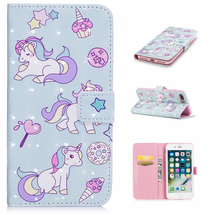 

Patterned Rubberized Leather Wallet Mobile Phone Case with Stand for iPhone 8 Plus / 7 Plus 5.5 inch - Cute Unicorns